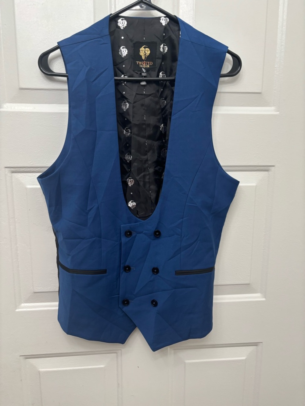 Twisted Tailor Royal Blue Vest with Black Skull Lining